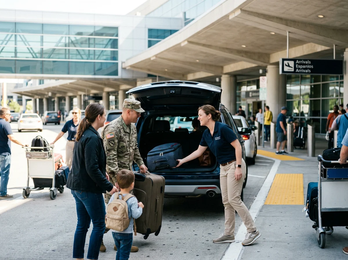 A warm airport pickup welcoming a relocating family